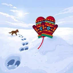 A pixel art scene depicting a pair of colorful mittens resting on a blanket of fresh snow, surrounded by footprints of a dog leading away in the snow