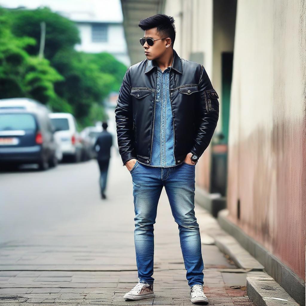 Gambar digital berkualitas tinggi menampilkan seorang pemuda tampan yang memakai jaket kulit hitam dan celana jeans biru gelap