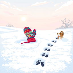 A pixel art scene depicting a pair of colorful mittens resting on a blanket of fresh snow, surrounded by footprints of a dog leading away in the snow