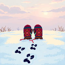 A pixel art scene depicting a pair of colorful mittens resting on a blanket of fresh snow, surrounded by footprints of a dog leading away in the snow