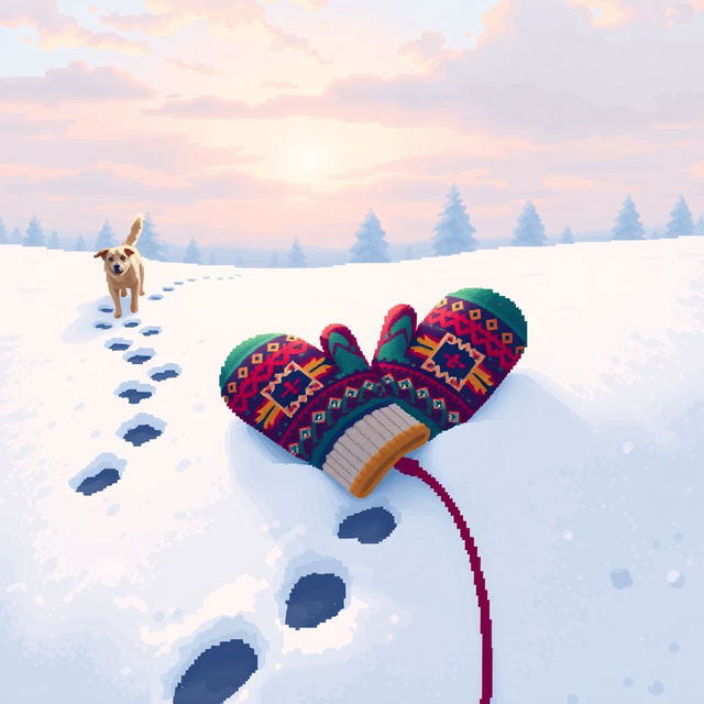 A pixel art scene depicting a pair of colorful mittens resting on a blanket of fresh snow, surrounded by footprints of a dog leading away in the snow