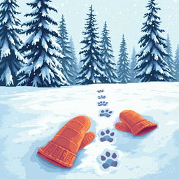 Pixel art depicting a beautiful snowy landscape in Russia with warm-colored mittens resting on the snow