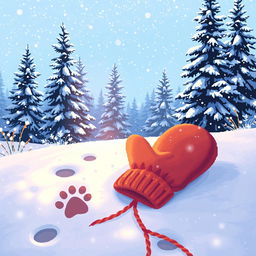 Pixel art depicting a beautiful snowy landscape in Russia with warm-colored mittens resting on the snow