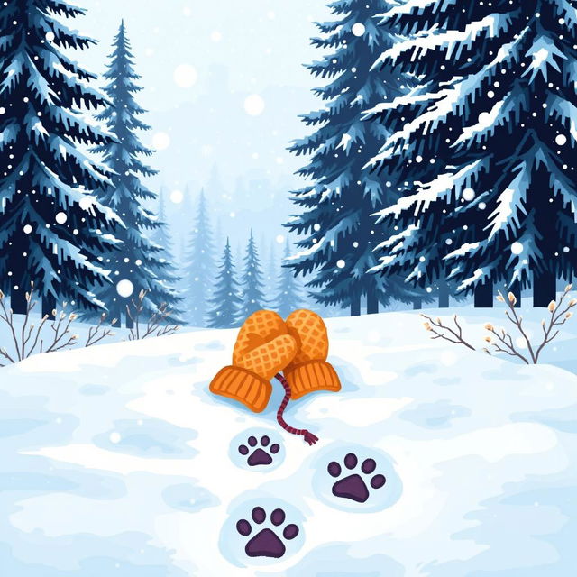 Pixel art depicting a beautiful snowy landscape in Russia with warm-colored mittens resting on the snow