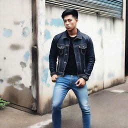 Gambar digital berkualitas tinggi menampilkan seorang pemuda tampan yang memakai jaket kulit hitam dan celana jeans biru gelap