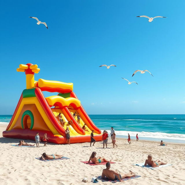 A vibrant beach scene featuring a large inflatable colorful playground on the sandy shore, with children and adults joyfully playing on it