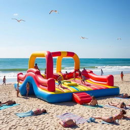 A vibrant beach scene featuring a large inflatable colorful playground on the sandy shore, with children and adults joyfully playing on it