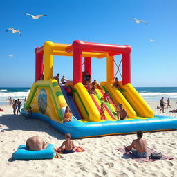 A vibrant beach scene featuring a large inflatable colorful playground on the sandy shore, with children and adults joyfully playing on it