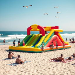 A vibrant beach scene featuring a large inflatable colorful playground on the sandy shore, with children and adults joyfully playing on it