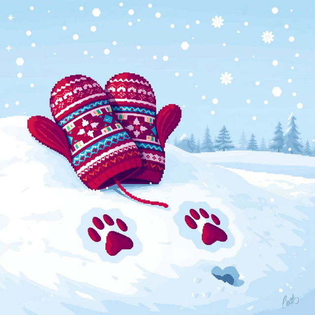 Pixel art depicting a pair of colorful mittens lying on the snow, with adorable dog paw prints leading up to them