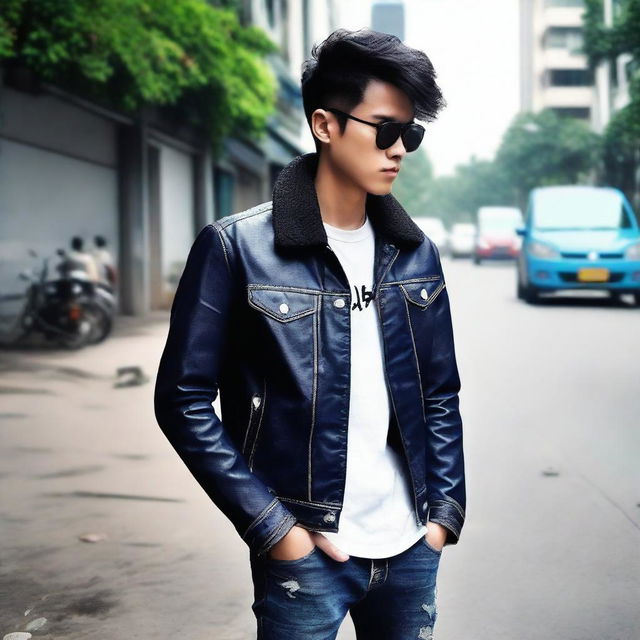 Gambar digital berkualitas tinggi menampilkan seorang pemuda tampan yang memakai jaket kulit hitam dan celana jeans biru gelap