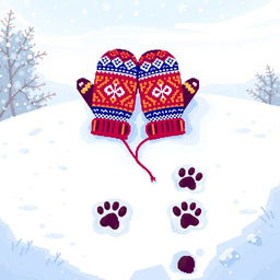 Pixel art depicting a pair of colorful mittens lying on the snow, with adorable dog paw prints leading up to them