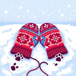 Pixel art depicting a pair of colorful mittens lying on the snow, with adorable dog paw prints leading up to them