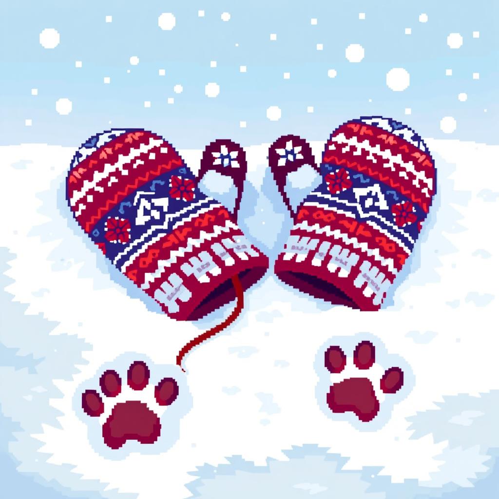 Pixel art depicting a pair of colorful mittens lying on the snow, with adorable dog paw prints leading up to them