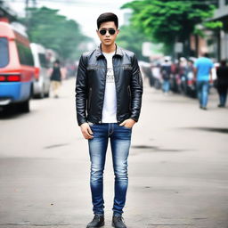 Gambar digital berkualitas tinggi menampilkan seorang pemuda tampan yang memakai jaket kulit hitam dan celana jeans biru gelap