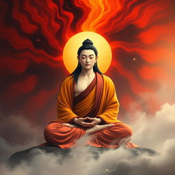 A gay male bodhisattva from the year 2525, with long black hair, is depicted sitting in a lotus position, meditating peacefully while facing the viewer