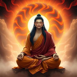 A gay male bodhisattva from the year 2525, with long black hair, is depicted sitting in a lotus position, meditating peacefully while facing the viewer