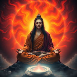 A gay male bodhisattva from the year 2525, with long black hair, is depicted sitting in a lotus position, meditating peacefully while facing the viewer