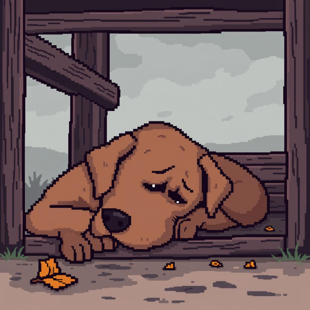 Pixel art depicting a sad dog in a kennel, with a gloomy atmosphere