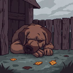Pixel art depicting a sad dog in a kennel, with a gloomy atmosphere