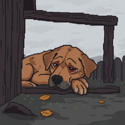 Pixel art depicting a sad dog in a kennel, with a gloomy atmosphere