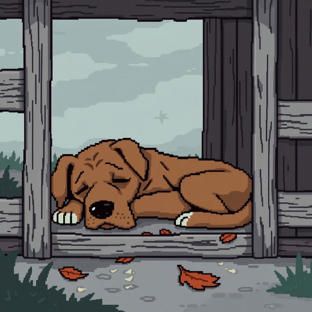 Pixel art depicting a sad dog in a kennel, with a gloomy atmosphere