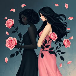 A stylized artistic representation of two women symbolizing black and pink roses