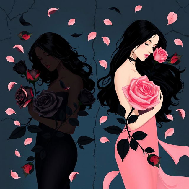 A stylized artistic representation of two women symbolizing black and pink roses