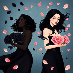 A stylized artistic representation of two women symbolizing black and pink roses