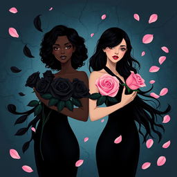A stylized artistic representation of two women symbolizing black and pink roses