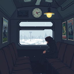 A melancholic pixel art scene depicting a train carriage in Russia, featuring muted colors and a nostalgic atmosphere