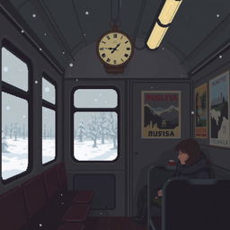 A melancholic pixel art scene depicting a train carriage in Russia, featuring muted colors and a nostalgic atmosphere