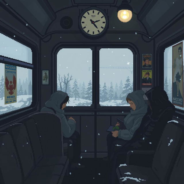 A melancholic pixel art scene depicting a train carriage in Russia, featuring muted colors and a nostalgic atmosphere