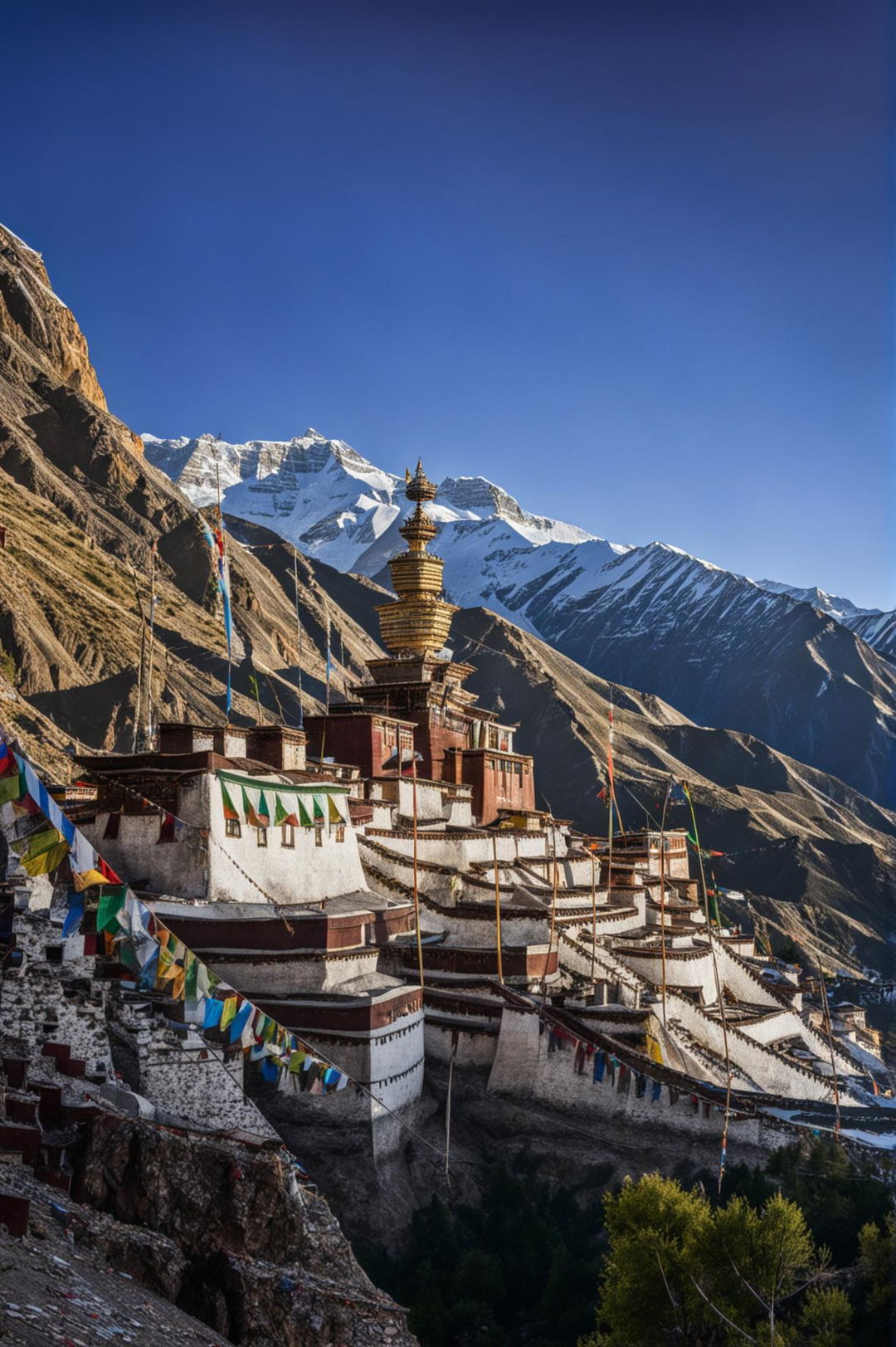 A high-resolution digital photo of a Tibetan monastery at dawn, set against the backdrop of the Himalayan mountains