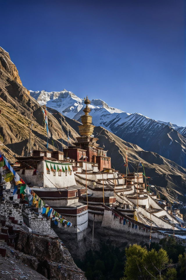 A high-resolution digital photo of a Tibetan monastery at dawn, set against the backdrop of the Himalayan mountains