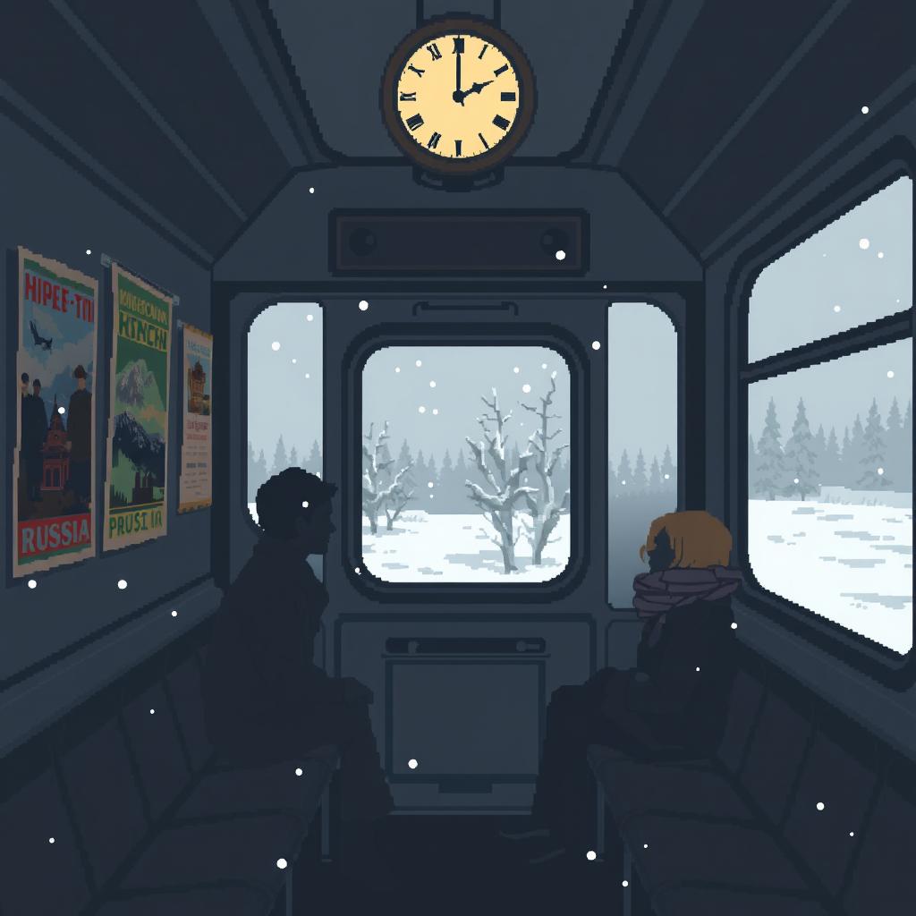 A melancholic pixel art scene depicting a train carriage in Russia, featuring muted colors and a nostalgic atmosphere