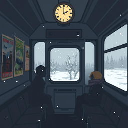 A melancholic pixel art scene depicting a train carriage in Russia, featuring muted colors and a nostalgic atmosphere