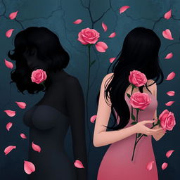 An artistic representation of two stylized women without showing their faces, emphasizing their presence through their hair and bodies