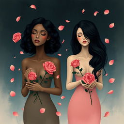 An artistic representation of two stylized women without showing their faces, emphasizing their presence through their hair and bodies