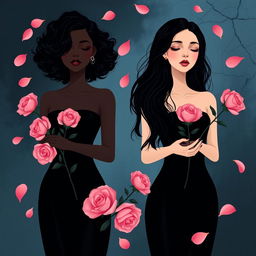 An artistic representation of two stylized women without showing their faces, emphasizing their presence through their hair and bodies