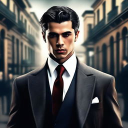 The image is a digital art representation of a handsome young man dressed as a mafia member, rendered in high resolution