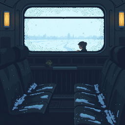 A pixel art scene depicting a melancholic train carriage in Russia, featuring a slightly dimly lit interior, worn-out seats, and condensation on the windows, suggesting a cold atmosphere