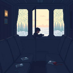 A pixel art scene depicting a melancholic train carriage in Russia, featuring a slightly dimly lit interior, worn-out seats, and condensation on the windows, suggesting a cold atmosphere