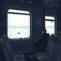 A pixel art scene depicting a melancholic train carriage in Russia, featuring a slightly dimly lit interior, worn-out seats, and condensation on the windows, suggesting a cold atmosphere
