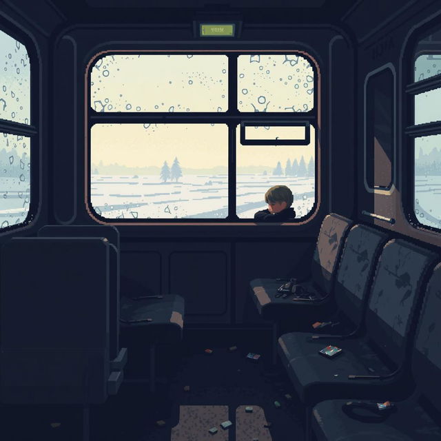 A pixel art scene depicting a melancholic train carriage in Russia, featuring a slightly dimly lit interior, worn-out seats, and condensation on the windows, suggesting a cold atmosphere