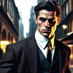 The image is a digital art representation of a handsome young man dressed as a mafia member, rendered in high resolution