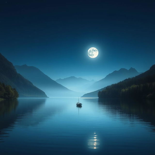 A serene, calm lake surrounded by lush green trees and majestic mountains under a full moon night