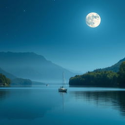 A serene, calm lake surrounded by lush green trees and majestic mountains under a full moon night