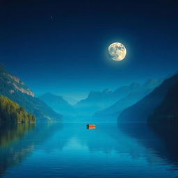 A serene, calm lake surrounded by lush green trees and majestic mountains under a full moon night