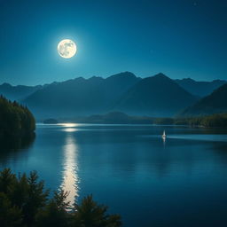A serene, calm lake surrounded by lush green trees and majestic mountains under a full moon night